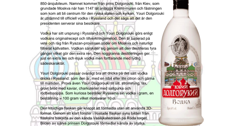 Youri Dolgorouki - Moskvas officiella vodka - nu i Sverige