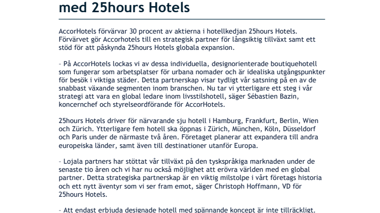 ​AccorHotels i strategiskt partnerskap med 25hours Hotels