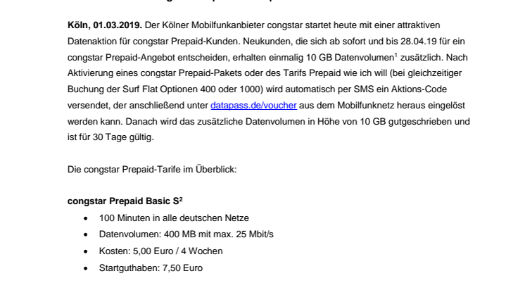 10 GB Extra-Datenvolumen bei congstar Prepaid