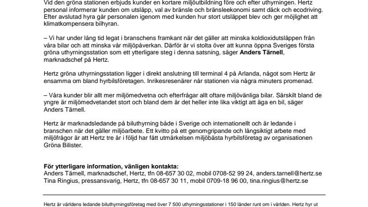 Hertz inviger idag Sveriges första gröna uthyrningsstation