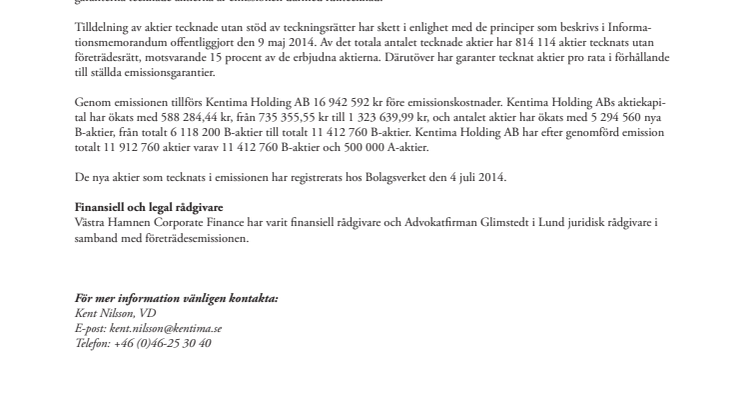 Kentima Holding ABs (publ) företrädesemission avslutad