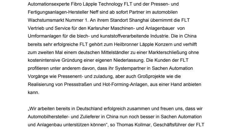 Fibro Läpple Technology und Neff Pressen kooperieren in China