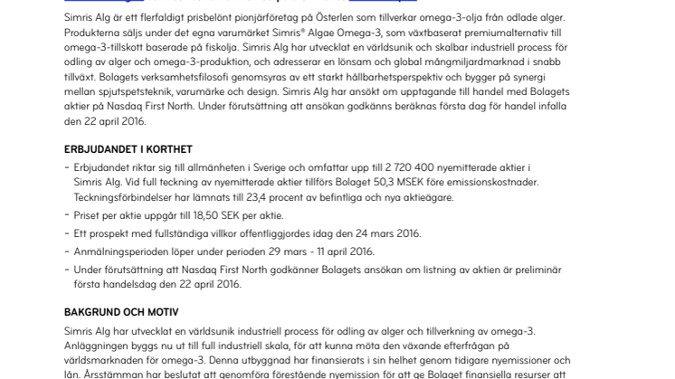 Simris Alg offentliggör prospekt inför nyemission och listning på First North