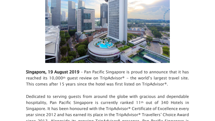 Pan Pacific Singapore Attains 10,000 Guest Reviews on TripAdvisor®