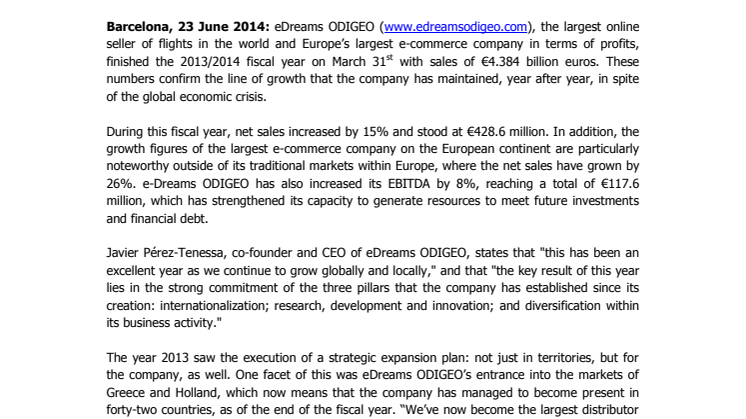 eDreams ODIGEO closes 2013 with business volume nearing €4.4 billion