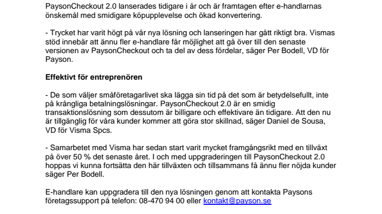 PaysonCheckout 2.0 nu tillgängligt för Visma Webshop