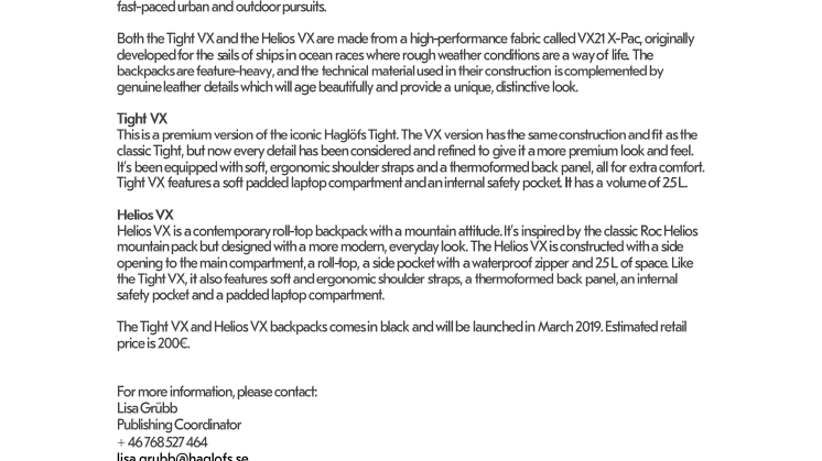 HAGLÖFS INTRODUCES HELIOS & TIGHT VX – CLASSIC DAYPACKS IN HIGH-TECH PREMIUM MODELS