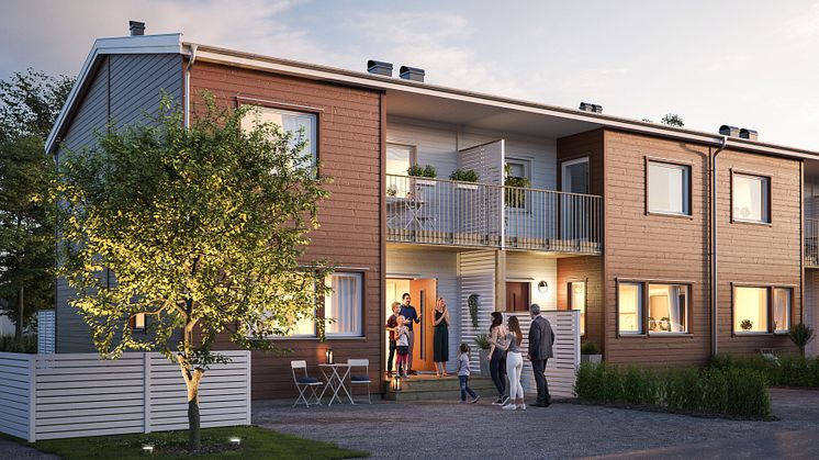Illustration av entrésida med uppfart, förstukvist & balkong, BoKlok Nejlikan i Skarplöt, Haninge.
