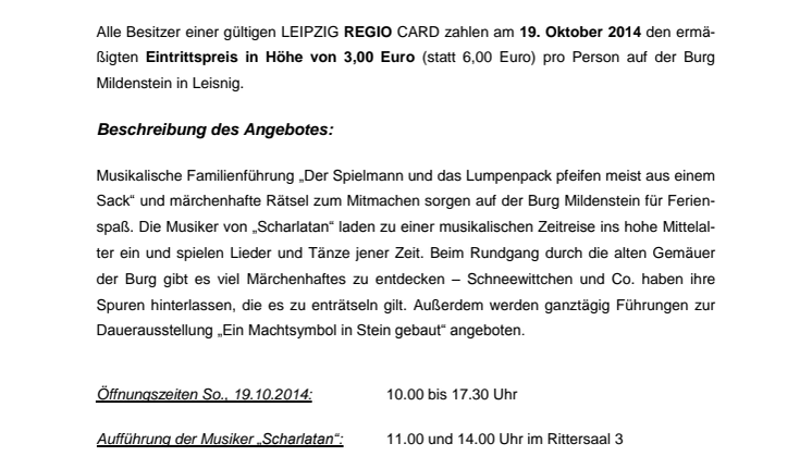 Aktionsangebot Burg Mildenstein 19. Oktober 2014