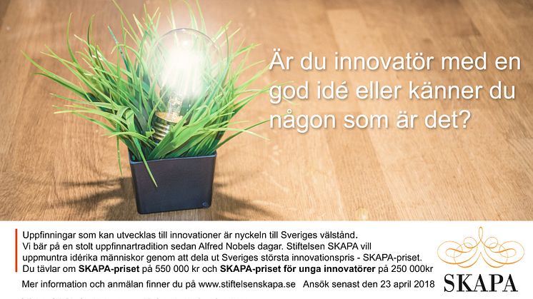SKAPA söker 2018 års bästa uppfinnare och innovatör 
