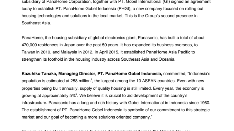 PanaHome Establishes Local Subsidiary, PT. PanaHome Gobel Indonesia,  to Enhance Housing Business