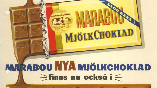 Reklambild för Marabous nya mjölkchoklad, 1957