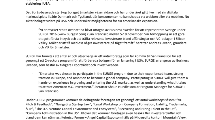 Smartster uttagna till SURGE 2016 i San Francisco av Business Sweden