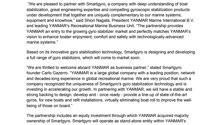 YANMAR AND SMARTGYRO ANNOUNCE STRATEGIC PARTNERSHIP