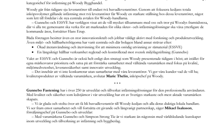 Woody väljer huvudleverantörer inom infästning