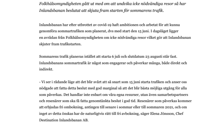Inlandsbanan skjuter fram sommarens trafikstart