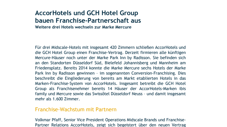 AccorHotels und GCH Hotel Group  bauen Franchise-Partnerschaft aus - Weitere drei Hotels wechseln zur Marke Mercure