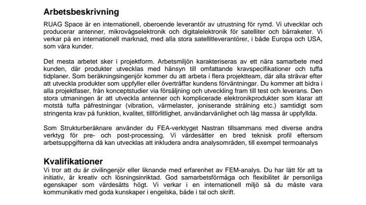 RUAG Space i Göteborg söker Beräkningsingenjör - strukturanalys