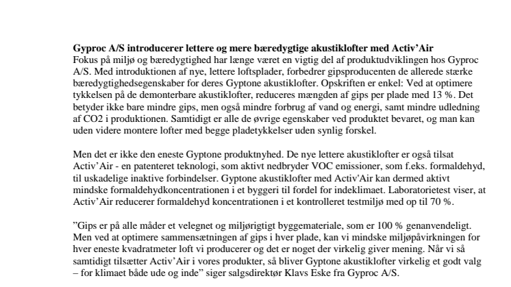 Gyproc A/S introducerer lettere og mere bæredygtige akustiklofter med Activ’Air