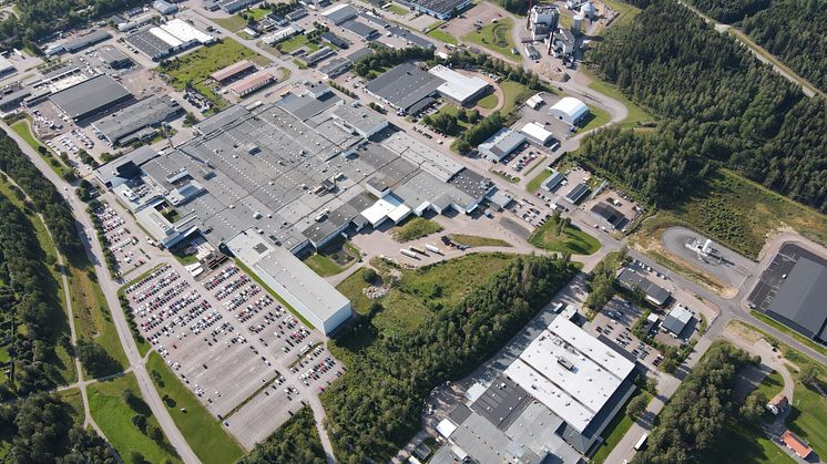 Flygfoto över fabriken i Mjölby