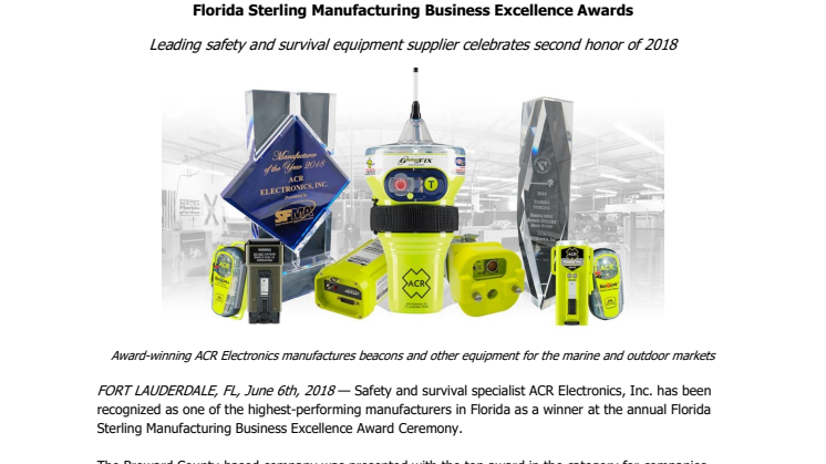 ACR Electronics Named Winner in  Florida Sterling Manufacturing Business Excellence Awards