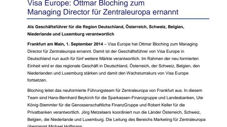 Visa Europe: Ottmar Bloching zum Managing Director für Zentraleuropa ernannt