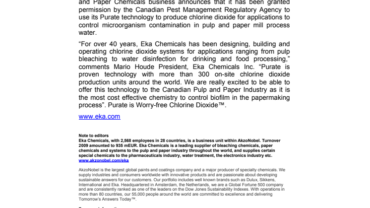 Purate® technology approved for use as paper machine biocide in Canada