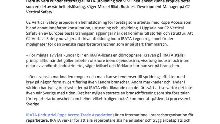 ​Nu är C2 Vertical Safety IRATA-certifierade 