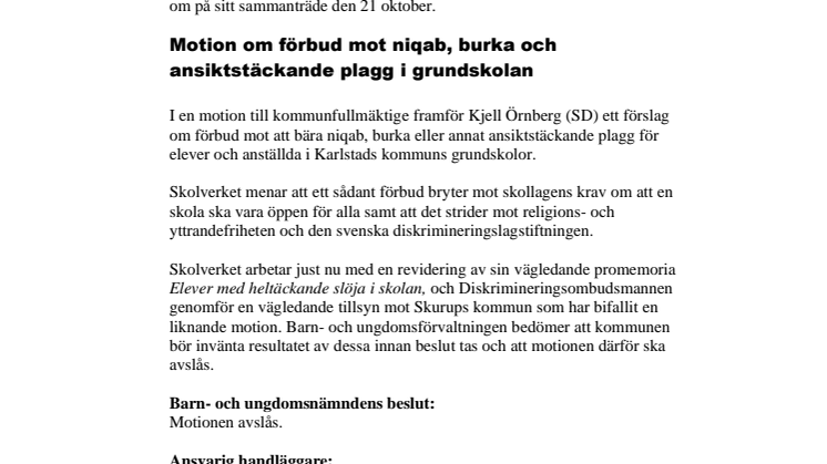 Kort från barn- och ungdomsnämnden i oktober 