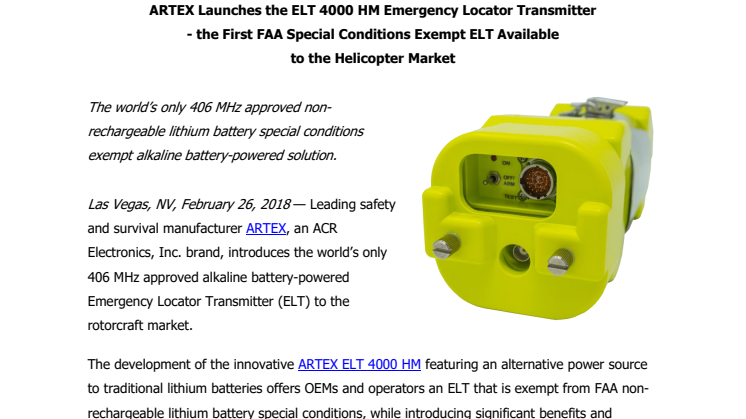 ARTEX Launches the ELT 4000 HM Emergency Locator Transmitter - the First FAA Special Conditions Exempt ELT Available  to the Helicopter Market