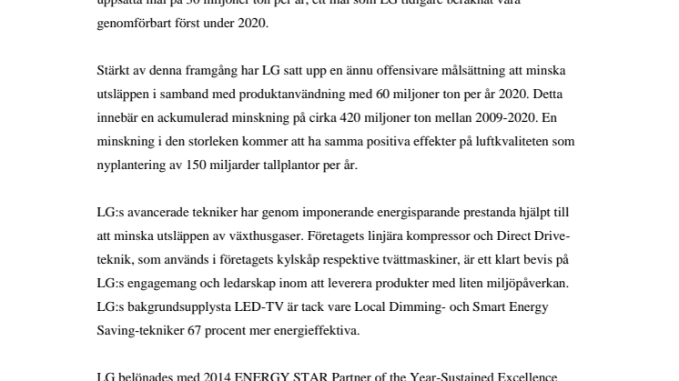 LG ELECTRONICS UPPNÅR MILJÖMÅL SJU ÅR I FÖRVÄG