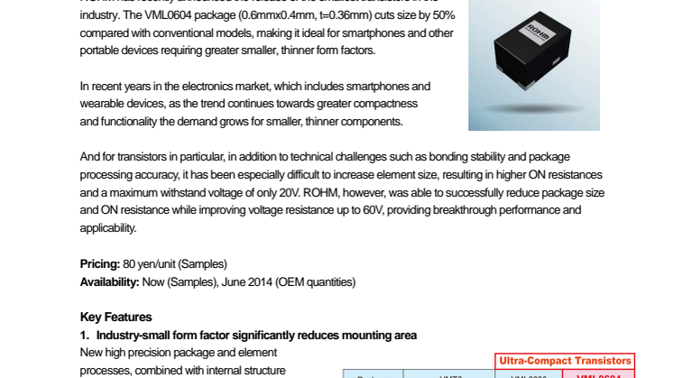 The Industry's Smallest Transistors Reduce Footprint By 50%: Low ON resistance contributes to greater performance and the increased miniaturization of smartphones, wearable devices, and more
