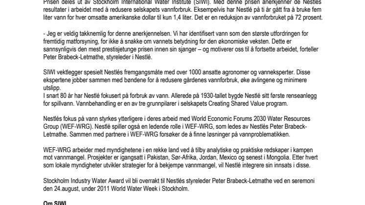 Nestlé tildeles prestisjetung miljøpris i Stockholm