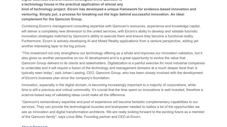 Qamcom invests in Eicorn for long-term synergies