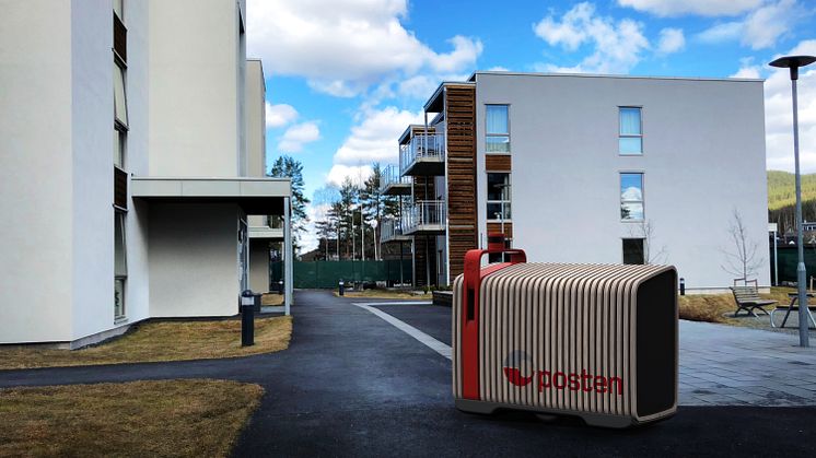 Dette er en konseptskisse. Det jobbes fortsatt med det endelige designet på brev- og pakkeroboten. FOTO: Buddy Mobility / Posten