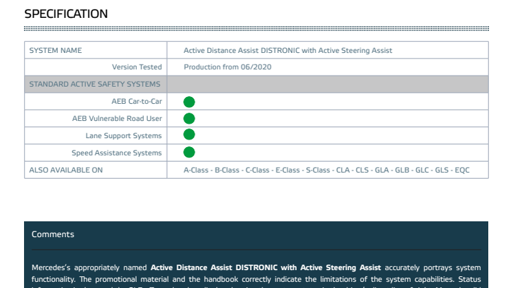 Mercedes-Benz GLE Euro NCAP Assisted Driving Grading datasheet
