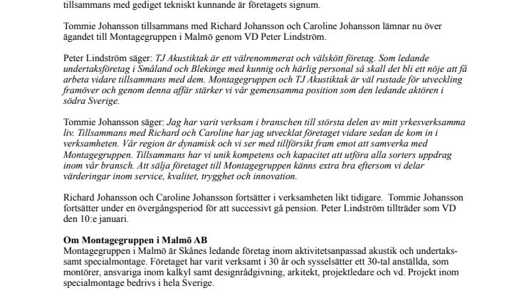 Montagegruppen i Malmö AB förvärvar TJ Akustiktak AB i Växjö