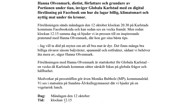 ​Pressinbjudan: Inspireras av Hanna Olvenmark - laga billig, nyttig, och klimatsmart mat