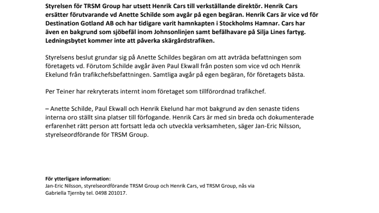 Henrik Cars utsedd till vd för TRSM