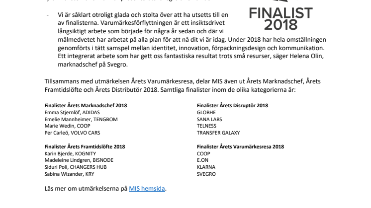 Svegro finalist i Årets Varumärkesresa 2018