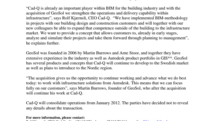 15.12.2011 Cad-Q is moving forward on BIM-solutions within infrastructure in the Nordic region through the acquisition of GeoSol