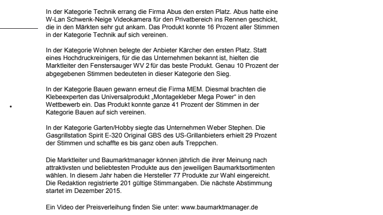 Beste Baumarktprodukte 2014/2015 ausgezeichnet