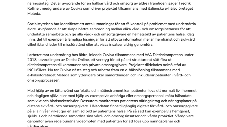 Undernäring bland äldre allt större problem - Cuviva tilldelas EU-bidrag för unik lösning