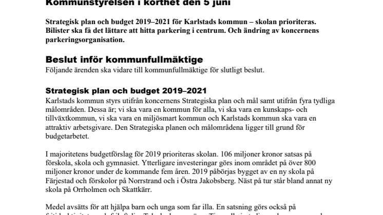Kommunstyrelsen i korthet den 5 juni