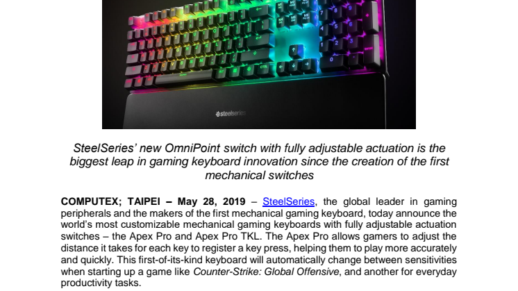    SteelSeries Announces World’s Most Versatile Mechanical Gaming Keyboards with Fully Adjustable Actuation 