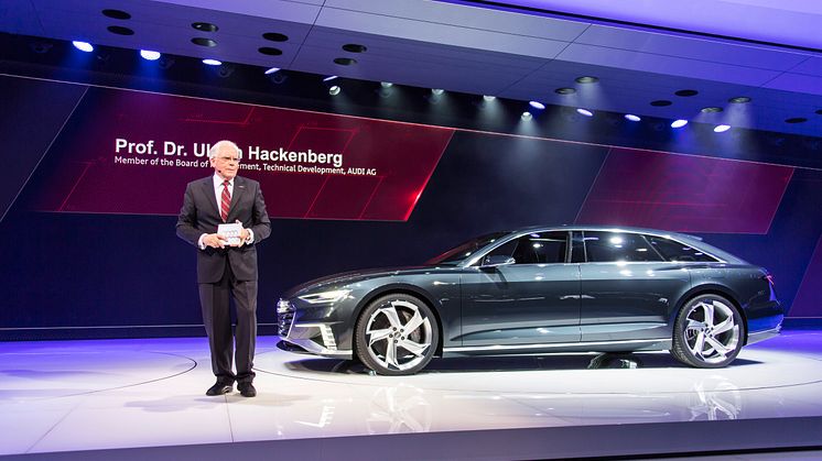 Prof. Dr.-Ing. Ulrich Hackenberg (Member of the Board of Management of AUDI AG for Technical Development); next to the Audi prologue Avant on the Geneva Motorshow 2015