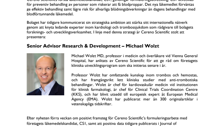 Cereno Scientific utser Senior Advisor R&D 