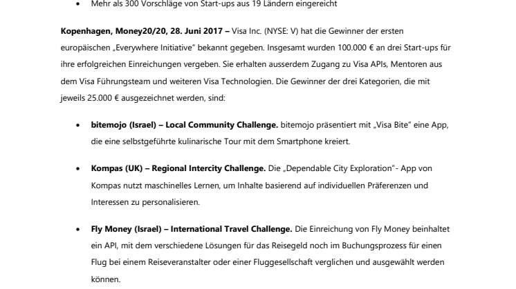 Kompas gewinnt 50.000 € in erster europäischer  „Everywhere Initiative“ für digitales Bezahlen von Visa
