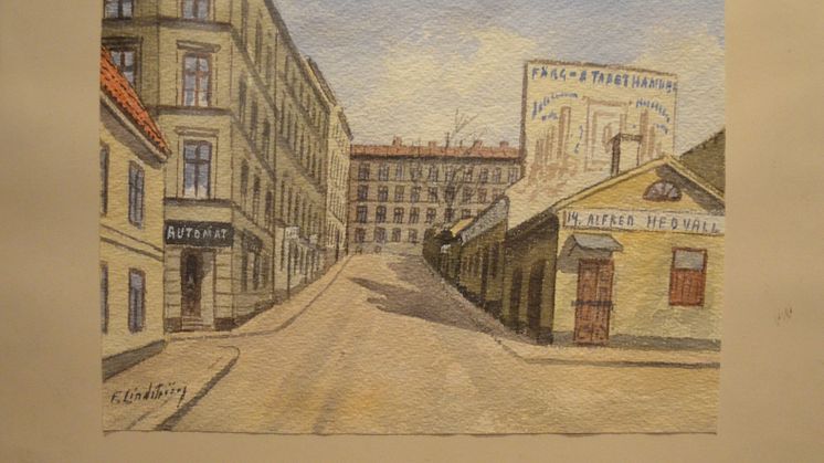 Akvarell av Stockholmskonstnären Frans Lindström som ingår i utställningen En svunnen stad. Konstnären Frans Lindström (1874–1954) på Skånelaholms slott.