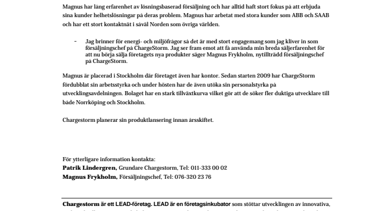 ChargeStorm expanderar och tillsätter försäljningschef